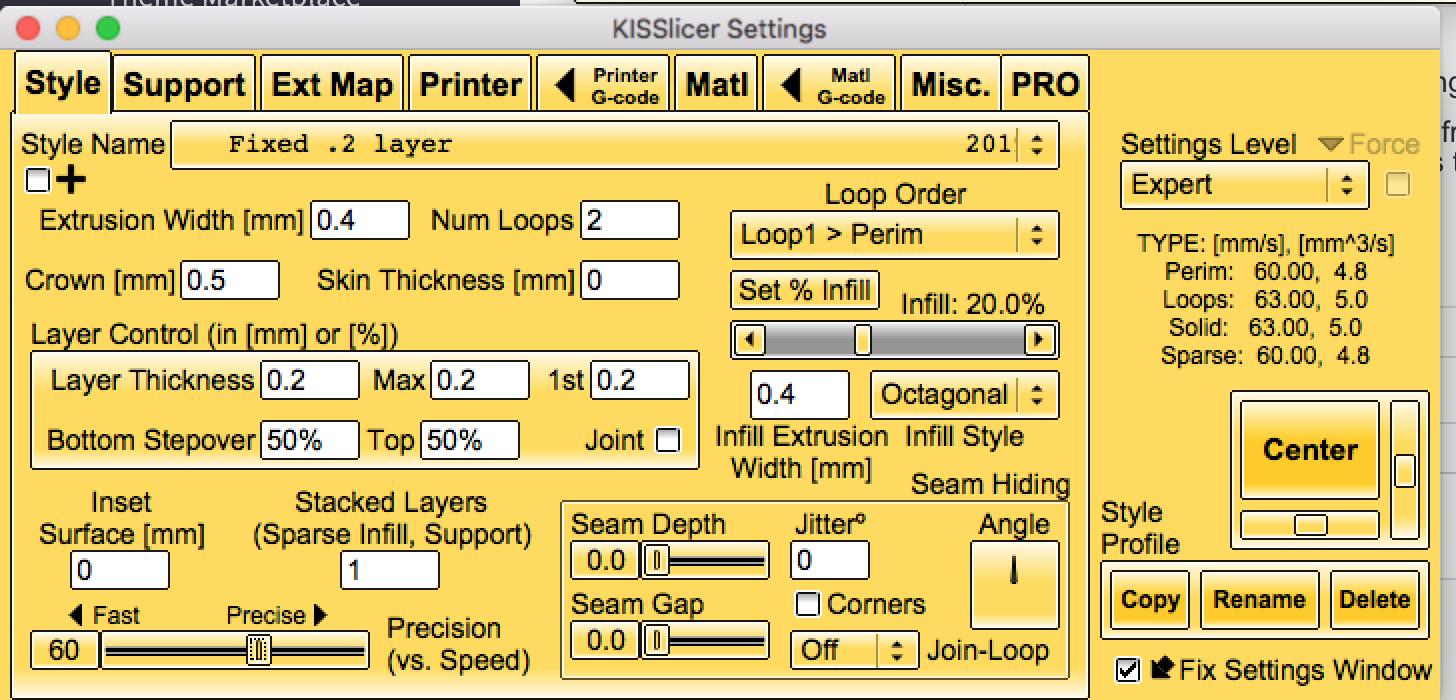 The Style tab in KISSlicer for the Preload tuning wizard.