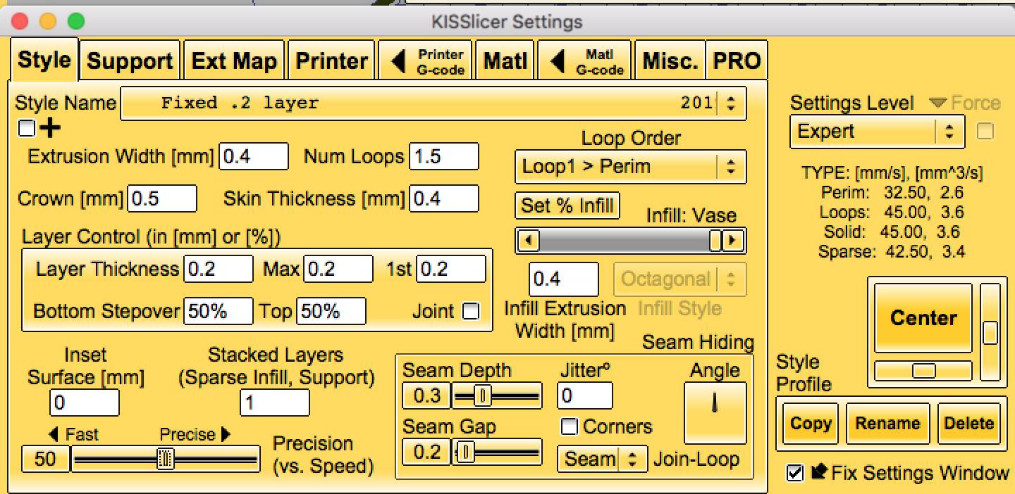 The Style tab for the KISSlicer Flow Rate Wizard.