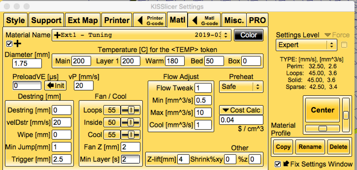 The Material tab for the KISSlicer Flow Rate Wizard.